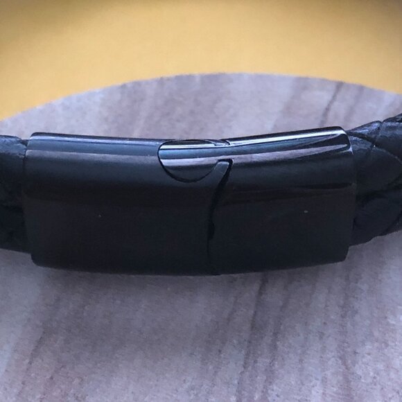 Mens Bracelet Double Row Black Braided Leather Black Stainless Steel Closure Sz - Picture 3 of 10